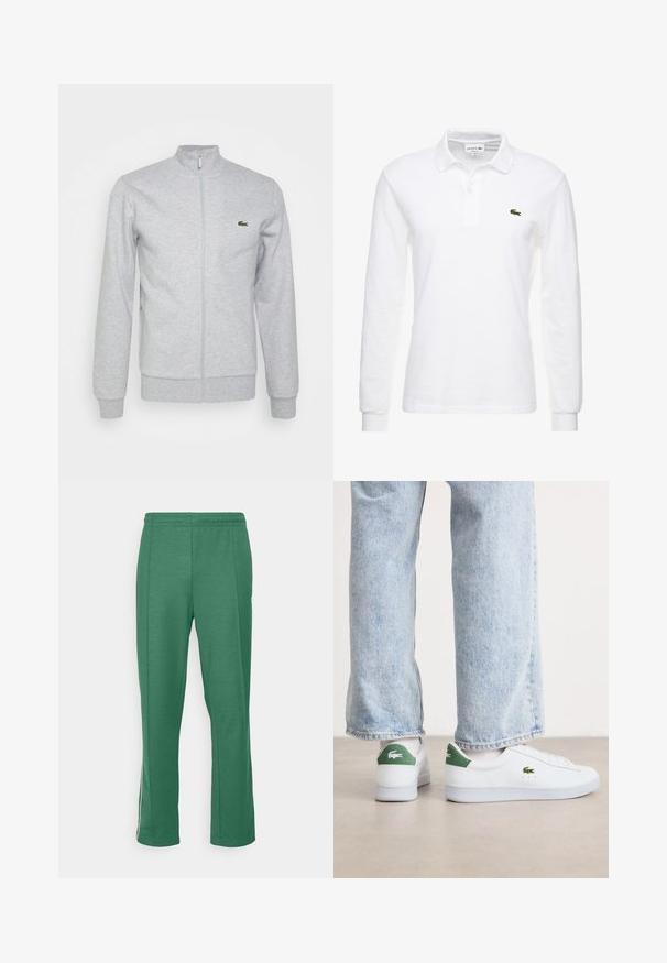 Hellgraue Zip-Jacke aus weichem Stoff mit einem taillierten Kragen und gerippten Bündchen. Ein kleines grünes Logo befindet sich auf der linken Brust.; Weißes Langarm-Polohemd aus Baumwolle mit klassischem Kragen und kleinem grünem Lacoste-Logo auf der Brust. Glatte Textur.; Grüne Sporthose aus weichem Textil; gerade Schnittform mit elastischem Bund; mit weißen Seitenstreifen und minimalem Branding.; Weiße Ledersneaker mit grünen Akzenten an der Ferse und gesticktem Logo. Glatte Textur, niedrig geschnittenes Design, kombiniert mit hellblauen Jeans.