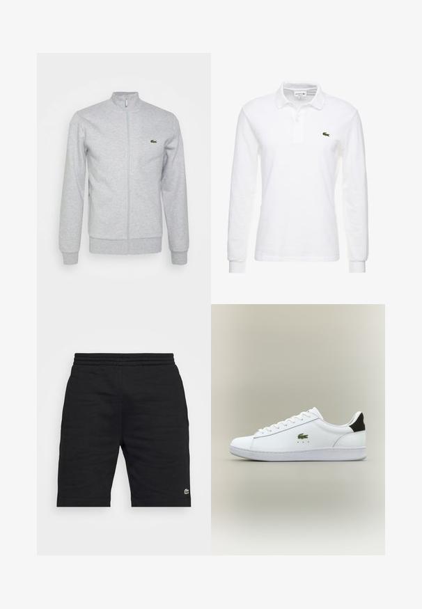 Lichtgrijze ritsjack gemaakt van zachte stof, met een fitted kraag en ribgebreide manchetten. Een klein groen logo is op de linkerborst.; Witte poloshirt met lange mouwen van katoen, met een klassieke kraag en een klein groen Lacoste-logo op de borst. Glad textuur.; Zwarte katoenen shorts met een elastische tailleband en een klein groen logo-accent. Heeft een rechte snit en een soepele textuur.; Witte leren sneaker met een gladde afwerking, voorzien van een groene geborduurde krokodillenlogo, vlakke witte zool en zwart accent op de hiel.