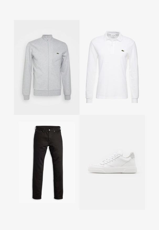 Lichtgrijze ritsjack gemaakt van zachte stof, met een fitted kraag en ribgebreide manchetten. Een klein groen logo is op de linkerborst.; Witte poloshirt met lange mouwen van katoen, met een klassieke kraag en een klein groen Lacoste-logo op de borst. Glad textuur.; Zwarte denimjeans met een rechte pasvorm, zijzakken en een knoopsluiting. De stof heeft een soepele textuur en minimale details.; Witte leren sneakers met een gladde afwerking, ronde neus, platte veters en een gestructureerde zool. Grijze suède accent bij de hiel.