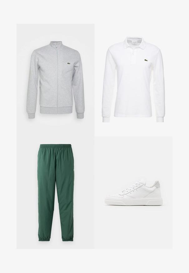 Lys grå zip-up jakke lavet af blød stof, med en tætsiddende krave og ribbede manchetter. Et lille grønt logo er på venstre bryst.; Hvid langærmet polo shirt lavet af bomuld, med en klassisk krave og et lille grønt Lacoste-logo på brystet. Glat tekstur.; Grønne, lette, elastiske bukser med en rynket talje og manchetter, lavet af et glat, vandafvisende materiale.; Hvide lædersneakers med en glat finish, rund tå, flade snørebånd og en struktureret sål. Grå ruskindsdetalje ved hælen.