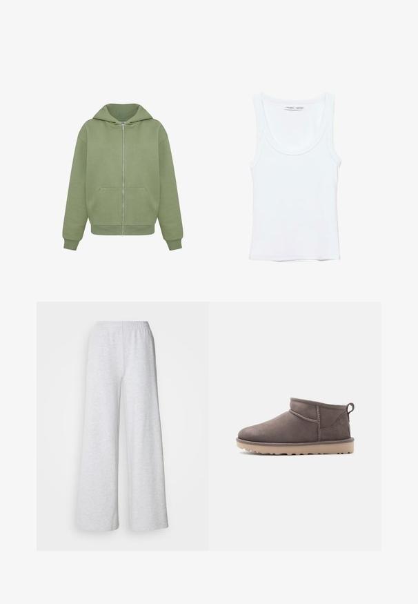 Groene zip-up hoodie van zacht materiaal met een grote capuchon, voorzakken en geribde manchetten. Rechte zoom en minimale stikseldetails.; Effen witte mouwloze tanktop met ronde hals, gemaakt van zachte stof, met een label aan de binnenkant van de kraag dat merk en maat aangeeft.; Lichtgrijze wijde broek met een elastische tailleband, gemaakt van zachte stof met een subtiele textuur en zonder zichtbare patronen of accenten.; Lage, bruin suède instapschoen met een textuurrijke zool en trekkoord op een effen achtergrond.