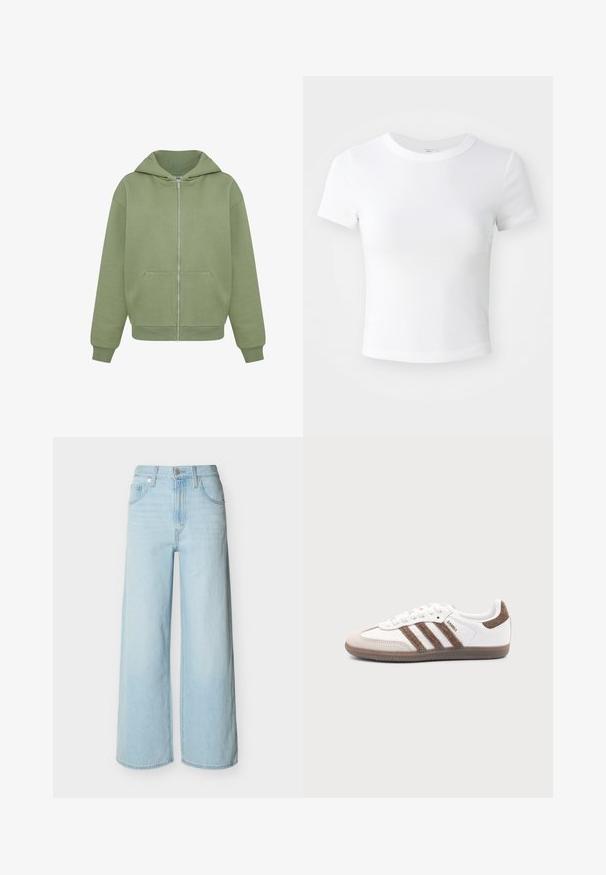 Groene zip-up hoodie van zacht materiaal met een grote capuchon, voorzakken en geribde manchetten. Rechte zoom en minimale stikseldetails.; Effen witte cropped t-shirt met korte mouwen en ronde hals, weergegeven op een neutrale lichte achtergrond.; Lichtblauwe jeans met wijde pijpen, voorop met knopen en ritssluiting, voorzien van riemlussen en het klassieke ontwerp met vijf zakken.; Witte Adidas Samba sneaker met bruine suède strepen, bruine rubberen zool en beige suède neuskap, getoond vanaf de buitenkant op een effen achtergrond.