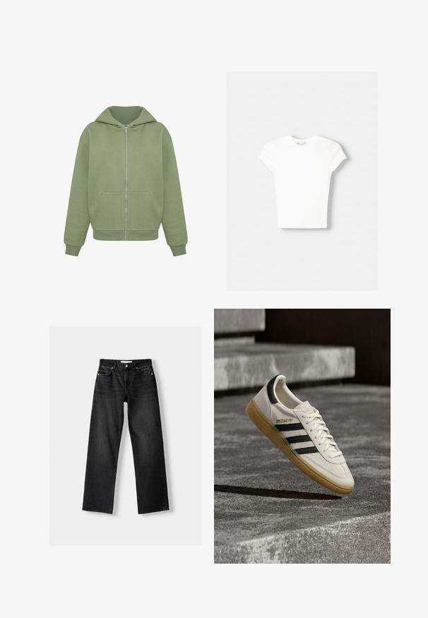Groene zip-up hoodie van zacht materiaal met een grote capuchon, voorzakken en geribde manchetten. Rechte zoom en minimale stikseldetails.; Witte t-shirt met korte mouwen van zachte katoen, met een ronde halslijn en een getailleerde vorm. Geen zichtbare patronen of versieringen.; Bershka Straight leg jeans - mottled dark grey; Witte Adidas Spezial sneaker met zwarte strepen en gumzool, zwevend boven grijze stenen trappen buiten.