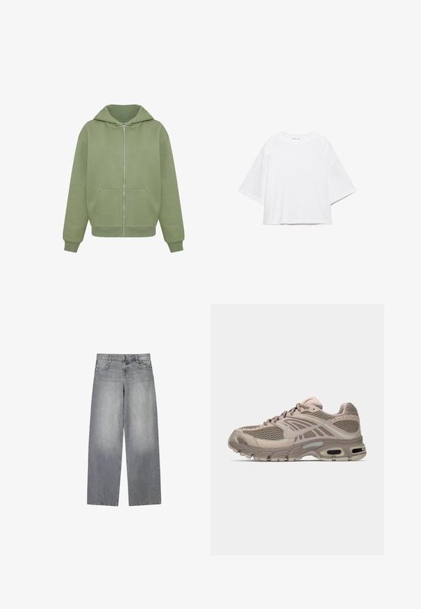 Groene zip-up hoodie van zacht materiaal met een grote capuchon, voorzakken en geribde manchetten. Rechte zoom en minimale stikseldetails.; Wit, kort mouw, boxy t-shirt gemaakt van zacht katoen. Heeft een ronde hals en brede mouwen, met een strak, eenvoudig ontwerp.; Wijduitlopende grijze denim jeans met een licht vervaagde afwerking, voorzien van vijf zakken, een knoopsluiting aan de voorkant en lussen voor een riem.; Beige sportschoen met bovenwerk van mesh, gevormde accenten, ronde neus en zichtbare luchtkussens in de zool. Veters in een neutrale tint.