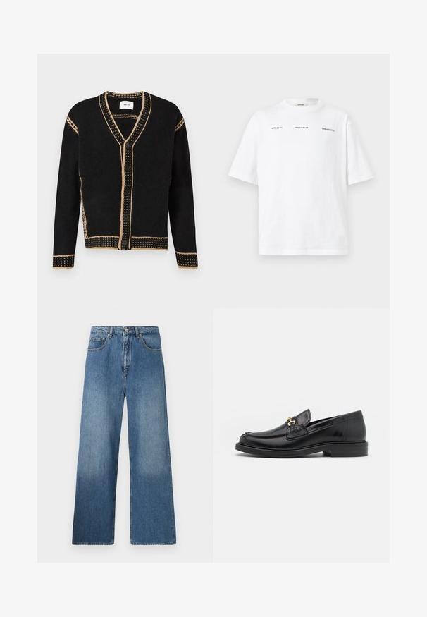 Cardigan en maille noire avec détails de bordure beige cousue, cinq boutons noirs sur le devant et manches longues.; T-shirt blanc à manches courtes avec un petit texte noir "HZW (26-27)", "Holzweiler" et "'TABLESCAPES" sur la poitrine, présenté sur un fond uni.; Jean en denim bleu à jambes évasées avec un design classique à cinq poches, fermeture à bouton à l'avant et légères décolorations pour ajouter de la texture.; Mocassins en cuir noir avec un embout rond, présentant des accents en métal doré et des détails de couture, montés sur une semelle en caoutchouc texturé et basse.