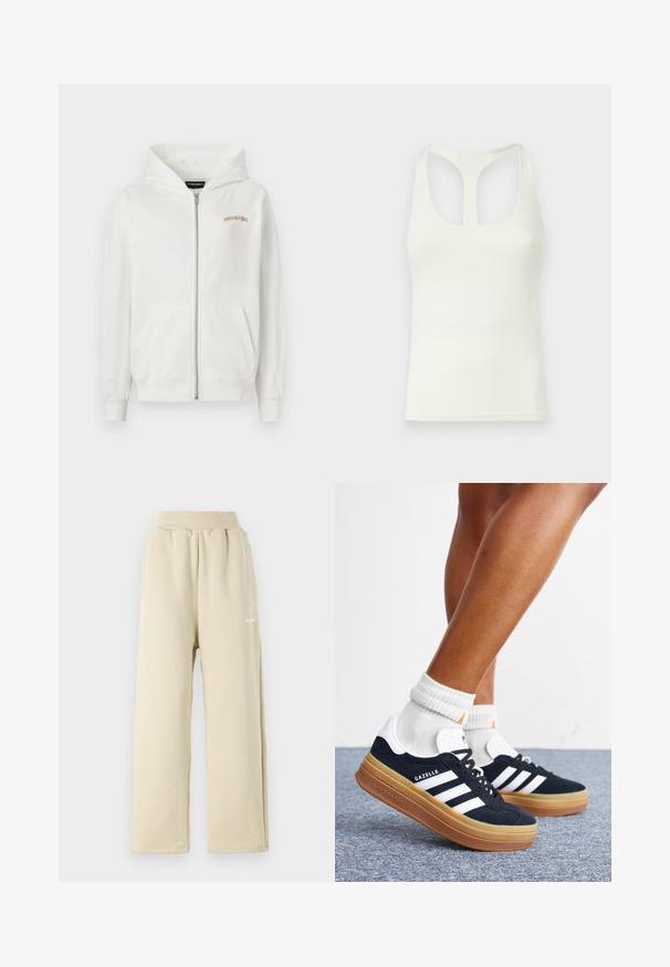 Witte rits-hoodie van zacht katoen, met een kangoeroezak, ribgebreide mouwen en een klein beige geborduurd logo op de borst.; Witte tanktop gemaakt van gladde stof, met een racerback ontwerp en uitsneden. Eenvoudige, niet-versierde constructie.; Beige wijde sweatpants van zachte stof, met een elastische tailleband, zijzakken en een klein geborduurd logo-detail.; Ben met witte sokken en zwarte Adidas Gazelle sneakers met witte strepen en dikke bruine zolen op een grijs tapijt.