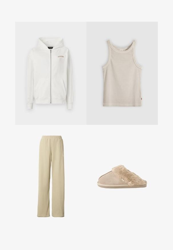 Witte rits-hoodie van zacht katoen, met een kangoeroezak, ribgebreide mouwen en een klein beige geborduurd logo op de borst.; Beige geribd mouwloos tanktop met ronde hals en smalle pasvorm, getoond tegen een grijze achtergrond.; Beige geribbelde wijde broek met elastische tailleband en subtiel klein wit logo op de bovenkant van de dij.; Beige instappantoffel met zachte suède buitenkant en een zachte, pluizige voering en boord, ontworpen voor binnencomfort.