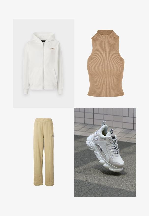 Witte rits-hoodie van zacht katoen, met een kangoeroezak, ribgebreide mouwen en een klein beige geborduurd logo op de borst.; Geribbelde gebreide mouwloze top in beige, met een hoge opstaande kraag en een strakke pasvorm, die textuur en een slanke silhouet benadrukt.; Beige casual sweatpants met elastische tailleband, rechte pijpen en een subtiel zijlogo op het rechterdijbeen.; Witte sneaker van mesh en leer, met een ronde neus, dikke zool, opvallende veters en merklogo op de hak en tong.