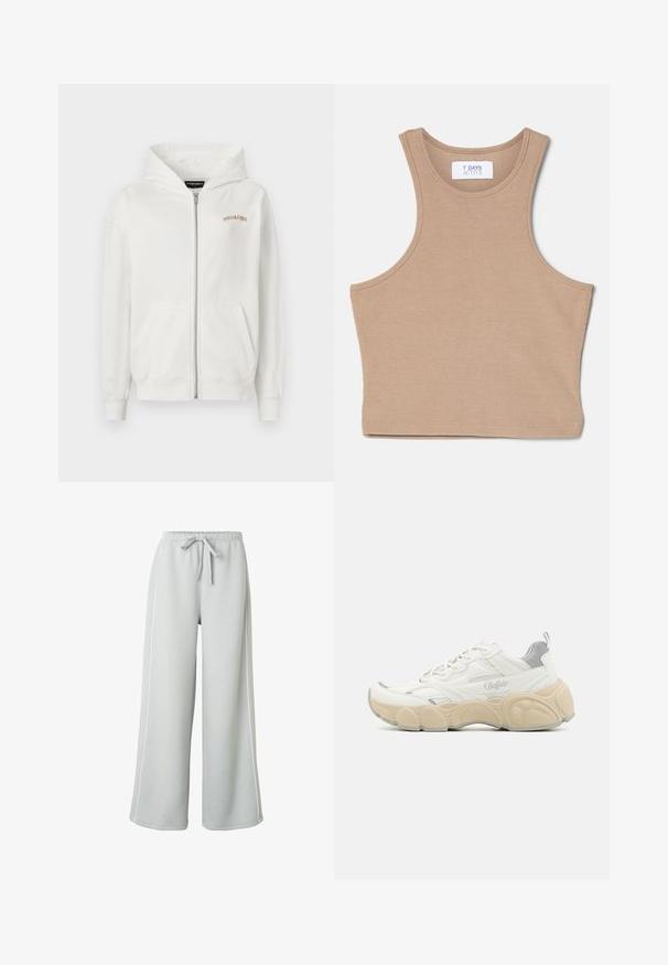 Haut de hoodie blanc à zip fabriqué en coton doux, comportant une poche kangourou, des poignets côtelés et un petit logo brodé beige sur la poitrine.; 7 DAYS Active CROPPED - Débardeur - mountain trail; Pantalon de survêtement gris clair à jambes larges avec taille élastique et cordon de serrage à l'avant, présentant des détails sur la couture latérale.; Basket blanche avec tige en mesh et en cuir lisse, dotée d'un col rembourré, d'une semelle en caoutchouc texturée et de subtils accents métalliques.