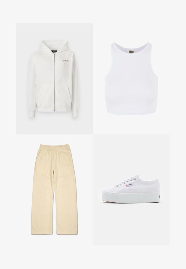 Witte rits-hoodie van zacht katoen, met een kangoeroezak, ribgebreide mouwen en een klein beige geborduurd logo op de borst.; Witte geribbelde crop tanktop met brede schouderbanden en een ronde halslijn. Beschikt over een zachte textuur en een minimalistisch ontwerp zonder patronen.; Beige wijde sweatpants met elastische tailleband, zijzakken en klein wit "PEGADOR" logo op de linker dij.; Witte canvas sneaker met een dikke witte platformzool, ronde neus en metalen oogjes voor veters. Merkl logo aan de zijkant weergegeven.