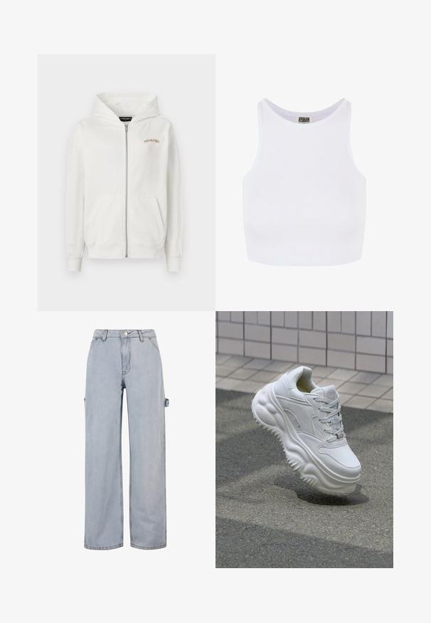 Haut de hoodie blanc à zip fabriqué en coton doux, comportant une poche kangourou, des poignets côtelés et un petit logo brodé beige sur la poitrine.; Débardeur court blanc à côtes avec de larges bretelles et un col rond. Il présente une texture douce et un design minimaliste sans motifs.; Jean en denim bleu clair à jambe large, fermeture à bouton et à glissière, passants pour ceinture et détail de boucle latérale sur une jambe. Aucun signe d'usure visible.; Baskets blanches en cuir avec une semelle épaisse, des détails texturés et un système de laçage. Présente des accents moulés et une finition lisse.
