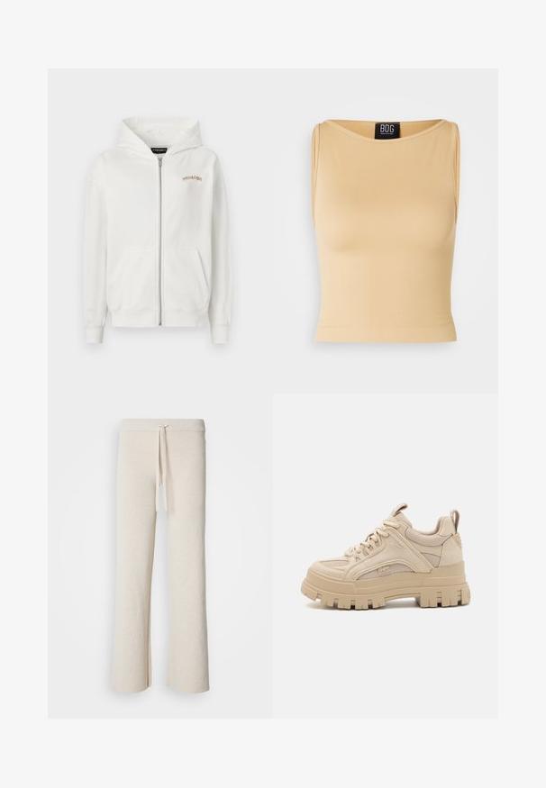 Witte rits-hoodie van zacht katoen, met een kangoeroezak, ribgebreide mouwen en een klein beige geborduurd logo op de borst.; Beige, geribbelde mouwloze crop top met een ronde halslijn en een getailleerd silhouet. Het materiaal lijkt glad en rekbaar. Het label is zichtbaar bij de halslijn.; Beige wijde broek gemaakt van zachte stof, met een elastische tailleband met een trekkoord en zijsplitten aan de onderkant.; Beige chunky sneakers met een mix van mesh en suede materialen, voorzien van een dikke zool en opvallende profiel, vetersluiting en merkdetails.
