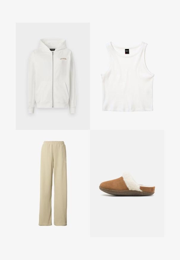 Haut de hoodie blanc à zip fabriqué en coton doux, comportant une poche kangourou, des poignets côtelés et un petit logo brodé beige sur la poitrine.; Crop top blanc côtelé sans manches avec un col rond et une petite étiquette noire au centre du col arrière.; Pantalon large beige côtelé avec taille élastique et petit logo blanc discret sur la partie supérieure de la cuisse.; Chausson en suède marron à enfiler avec une doublure blanche duveteuse et une semelle texturée. Présente un bord cousu et un petit détail de marque sur le talon.