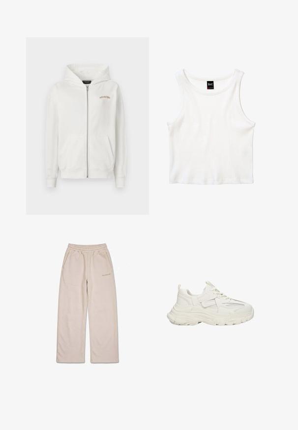 Witte rits-hoodie van zacht katoen, met een kangoeroezak, ribgebreide mouwen en een klein beige geborduurd logo op de borst.; Witte geribbelde mouwloze cropped top met ronde halslijn en een klein zwart labeltje midden achteraan bij de kraag.; Beige sweatpants met wijde pijpen, elastische tailleband en zijzakken, met een klein geborduurd merklogo op de rechterdij.; Robuuste witte sneakers met een textuur bovenkant met mesh details, dikke rubberen zool, ronde neus en decoratieve accenten aan de zijkanten.
