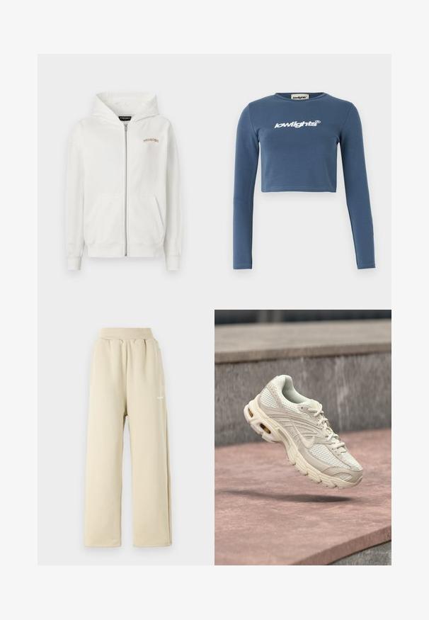 Hvid zip-up hoodie lavet af blødt bomuld, med en kengurulomme, ribbede manchetter og et lille broderet logo i beige på brystet.; Blå cropped langærmet skjorte lavet af blødt bomuld, med hvid broderet "lowlights" logo på forsiden. Glat overflade, ribbet halsudskæring.; Beige brede sweatpants lavet af blødt stof, med elastisk talje, sidelommer og lille broderet logo detaljer.; Lysebeige atletiksko med mesh-overdel, rundet tå og struktureret mellemsål. Har polstret krave og snørebånd med et diskret logo.