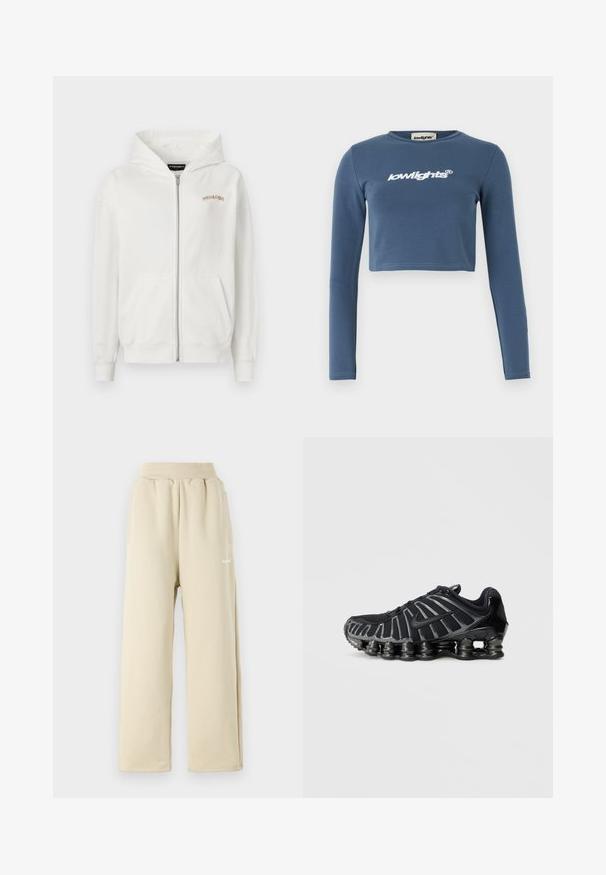 Witte rits-hoodie van zacht katoen, met een kangoeroezak, ribgebreide mouwen en een klein beige geborduurd logo op de borst.; Blauwe cropped langarmshirt van zachte katoen, met op de voorkant een witte geborduurde "lowlights" logo. Soepele textuur, geribbelde halslijn.; Beige wijde sweatpants van zachte stof, met een elastische tailleband, zijzakken en een klein geborduurd logo-detail.; Zwarte sportschoen met een gestructureerd mesh bovenwerk en een opvallende dikke zool met afgeronde segmenten. Veters en verstevigde hiel voor ondersteuning.