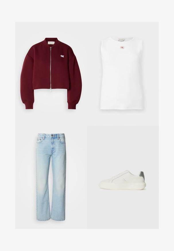 Calvin Klein Jeans Sweat zippé - deep rouge; Débardeur blanc sans manches en maille côtelée avec un petit logo Calvin Klein rouge et noir centré juste en dessous de l'encolure.; Jeans à jambes larges bleu clair en denim, présentant un design classique à cinq poches et une texture légèrement décolorée. La couture en denim est visible.; Baskets blanches en cuir avec une texture lisse, présentant un accent argenté sur le talon, une semelle plate et un design minimaliste.
