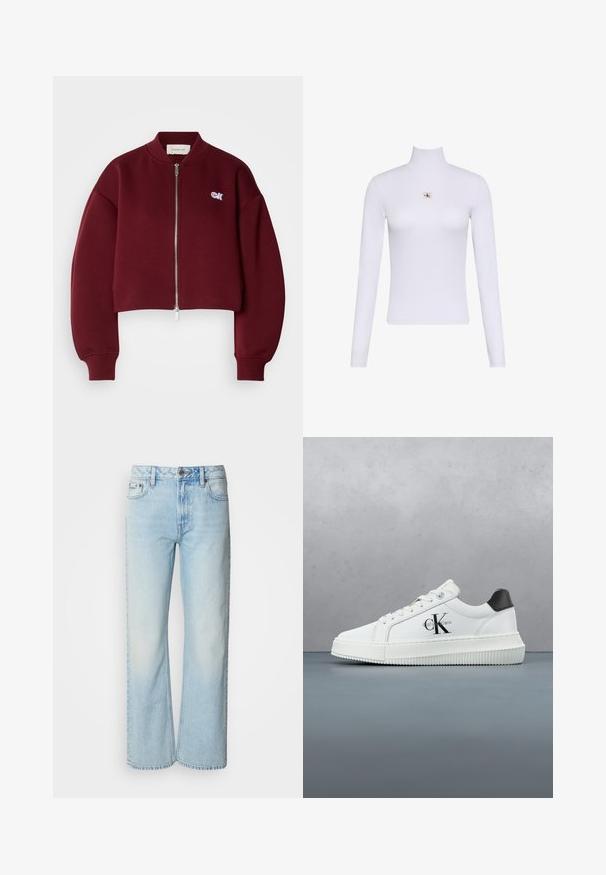Calvin Klein Jeans Sweat zippé - deep rouge; Haut blanc à manches longues avec col roulé et petit écusson du logo Calvin Klein centré sur la poitrine.; Jeans à jambes larges bleu clair en denim, présentant un design classique à cinq poches et une texture légèrement décolorée. La couture en denim est visible.; Baskets basses blanches avec un tab de talon noir, semelle plateforme, lacets et logo "CK" de Calvin Klein sur le côté.