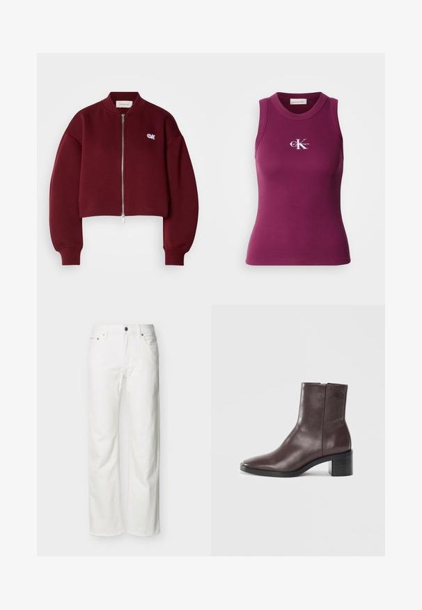 Calvin Klein Jeans Sweat zippé - deep rouge; Débardeur moulant côtelé sans manches de couleur violet foncé avec un col rond et le logo blanc "Calvin Klein" sur la poitrine. Tissu doux avec une coupe ajustée.; Jean blanc à jambes droites avec poches avant, passants pour ceinture, fermeture par bouton, et coutures visibles sur un fond uni.; Bottine en cuir marron foncé avec un orteil carré, un talon bloc et un logo embossé subtil près du haut sur fond blanc uni.