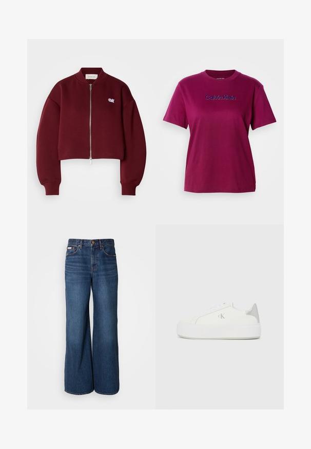 Calvin Klein Jeans Sweat zippé - deep rouge; T-shirt en coton magenta avec des manches courtes et un col ras du cou, arborant "Calvin Klein" brodé en bleu sur la poitrine.; Jean large en denim bleu foncé. Les caractéristiques incluent une taille haute, cinq poches et des coutures contrastantes orange le long des coutures.; Baskets en toile blanches avec une semelle blanche épaisse, présentant un accent argent métallique au niveau du talon et un subtil logo sur le côté.
