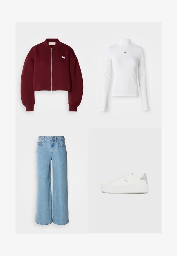 Calvin Klein Jeans Sweat zippé - deep rouge; Top à col roulé blanc à manches longues en matière côtelée. Présente un petit logo brodé au centre. Design ajusté sans motifs.; Jean large bleu clair en denim, avec une taille haute, un design à cinq poches et un léger dégradé sur le tissu.; Baskets en toile blanches avec une semelle blanche épaisse, présentant un accent argent métallique au niveau du talon et un subtil logo sur le côté.