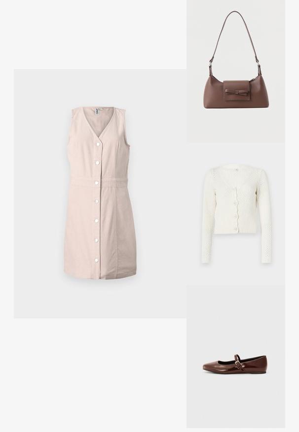 Cardigan blanc en tricot avec un col en V, des manches longues et une patte de boutonnage festonnée. Présente un motif texturé et un ourlet côtelé.; Robe sans manches beige clair à boutons sur le devant, avec un décolleté en V et une taille cintrée, fabriquée en tissu texturé, présentée sur un fond blanc uni.; Ballerine en cuir verni marron avec un bout carré et une lanière ornée d'une petite boucle dorée. Texture lisse, talon bas et design minimaliste.; Sac à bandoulière en cuir marron avec une poche à rabat avant ornée d'un détail en forme de nœud cousu et une sangle réglable.