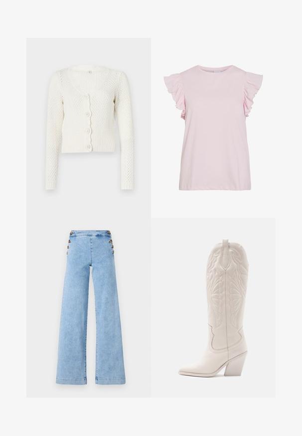 Cardigan blanc en tricot avec un col en V, des manches longues et une patte de boutonnage festonnée. Présente un motif texturé et un ourlet côtelé.; Haut rose clair à manches courtes avec des accents froncés aux épaules. Tissu en coton lisse, décolleté rond et coupe décontractée avec un ourlet droit.; Jean large en denim bleu clair à taille haute, avec des accents de boutons en métal sur les côtés et une texture lisse légèrement vieillie.; Bottine de cowboy en cuir blanc avec un bout pointu et un talon bloc. Présente des motifs de broderie complexes sur la tige et une texture lisse.