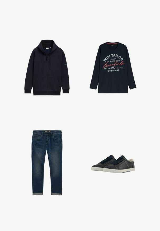 Marineblå zip-hoodie med justerbar snørehætte, forlommer, ribbede manchetter og en glat, struktureret stofoverflade.; Marineblå langærmet skjorte med rund hals, med hvid og rød tekst, der lyder "Tom Tailor Brand Authentic Gear Essentials Original."; Mørkeblå denim jeans med regular fit, udstyret med fem lommer, en klassisk lynlåsfront og opsmøg med en kontrasterende indvendig foring.; Marine læder sneakers med hvide gummisåler, rund tå og sorte snørebånd. Subtile teksturer og branding på siderne. Casual design.