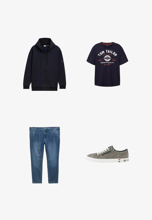 Marineblå zip-hoodie med justerbar snørehætte, forlommer, ribbede manchetter og en glat, struktureret stofoverflade.; Mørkeblå bomulds T-shirt med korte ærmer, med rund hals og trykt grafik i hvid og rød tekst på forsiden.; Mørkeblå denim jeans med lige ben, frontlommer og en bånd i taljen. Lys falmning langs lårerne.; Grå lavtop-sneaker med hvide snørebånd, sidelås og hvid sål med røde, hvide og blå striber samt Tom Tailor-branding.