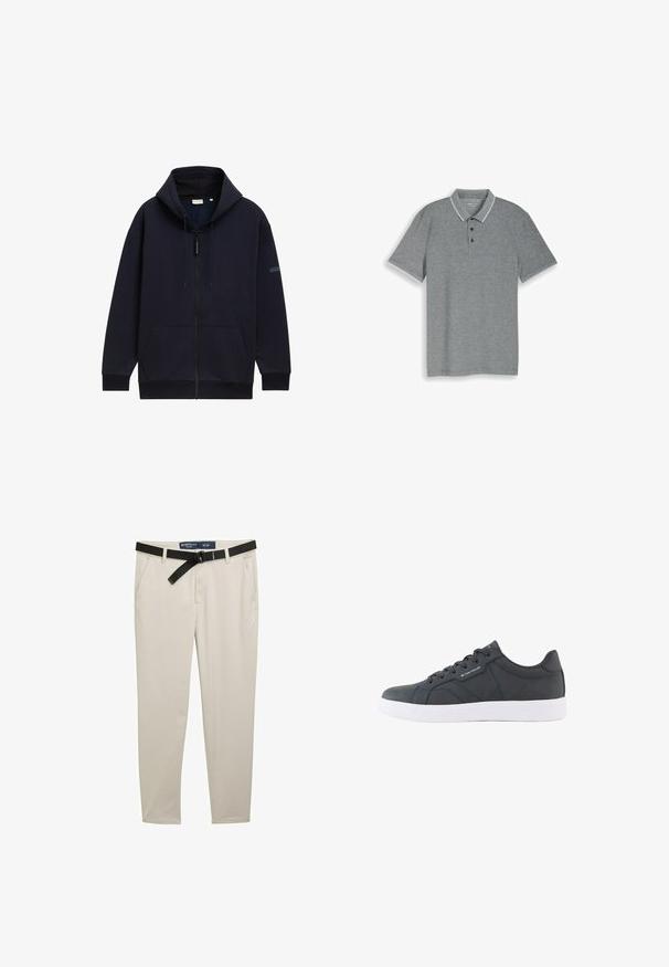 Marineblå zip-hoodie med justerbar snørehætte, forlommer, ribbede manchetter og en glat, struktureret stofoverflade.; Grå kortærmet polo t-shirt med tre sorte knapper og hvid kant på krave og ærmekanter, vist mod en hvid baggrund.; Beige bukser med slim fit, der har et sort bælte, to forlommer og et struktureret stof. Størrelse 32 x 32.; Sort lavt snøresko med hvid sål, snørelukning foran og diskret "Tom Tailor"-branding på siden og tungespidsen.