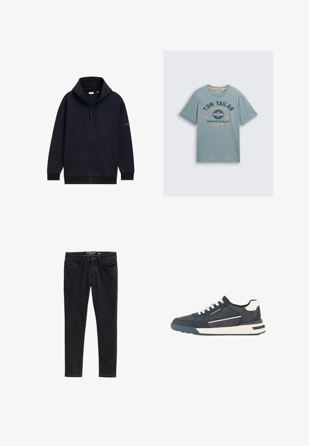 Marineblå zip-hoodie med justerbar snørehætte, forlommer, ribbede manchetter og en glat, struktureret stofoverflade.; Lys blå bomulds t-shirt med korte ærmer. Udstyret med mørkeblå og orange grafisk tekst: "TOM TAILOR" og "PREMIUM KVALITET." Enkel rund halsudskæring.; Slim-fit sorte denim jeans med en glat tekstur, forlommer og lynlås. Slidte detaljer nær lårene forbedrer designet.; Herre navyblå og hvide sneakers med hvide snørebånd, perforeret tå, stripet sidedetalje og mærket accent på sidepanelet.