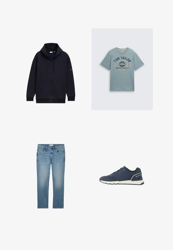 Marineblå zip-hoodie med justerbar snørehætte, forlommer, ribbede manchetter og en glat, struktureret stofoverflade.; Lys blå bomulds t-shirt med korte ærmer. Udstyret med mørkeblå og orange grafisk tekst: "TOM TAILOR" og "PREMIUM KVALITET." Enkel rund halsudskæring.; Blå denimjeans med lige ben-design, der har fem lommer og en falmet finish. Stoffet har en glat tekstur og let stræk.; Mørkeblå atletiksko med mesh-overdel, hvid sål, sort ydersål og "Tom Tailor"-logo på hælkappen.