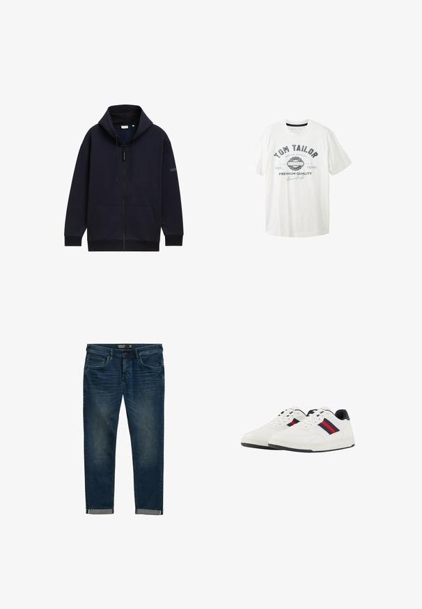 Marineblå zip-hoodie med justerbar snørehætte, forlommer, ribbede manchetter og en glat, struktureret stofoverflade.; Hvid bomulds t-shirt med rund hals, korte ærmer og trykt grafisk motiv i sort og blå med mærkenavnet "Tom Tailor."; Mørkeblå denim jeans med regular fit, udstyret med fem lommer, en klassisk lynlåsfront og opsmøg med en kontrasterende indvendig foring.; TOM TAILOR Sneakers - white navy