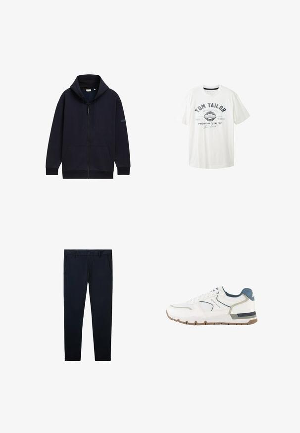 Marineblå zip-hoodie med justerbar snørehætte, forlommer, ribbede manchetter og en glat, struktureret stofoverflade.; Hvid bomulds t-shirt med rund hals, korte ærmer og trykt grafisk motiv i sort og blå med mærkenavnet "Tom Tailor."; Mørkeblå bukser lavet af glat stof, med knaplukning, bæltestropper og to forlommer. Skræddersyet lige ben-design.; Hvid og grå atletisk sneaker med blå detaljer, mesh-stof og en brun sål, mærket med "Tom Tailor" på siden.