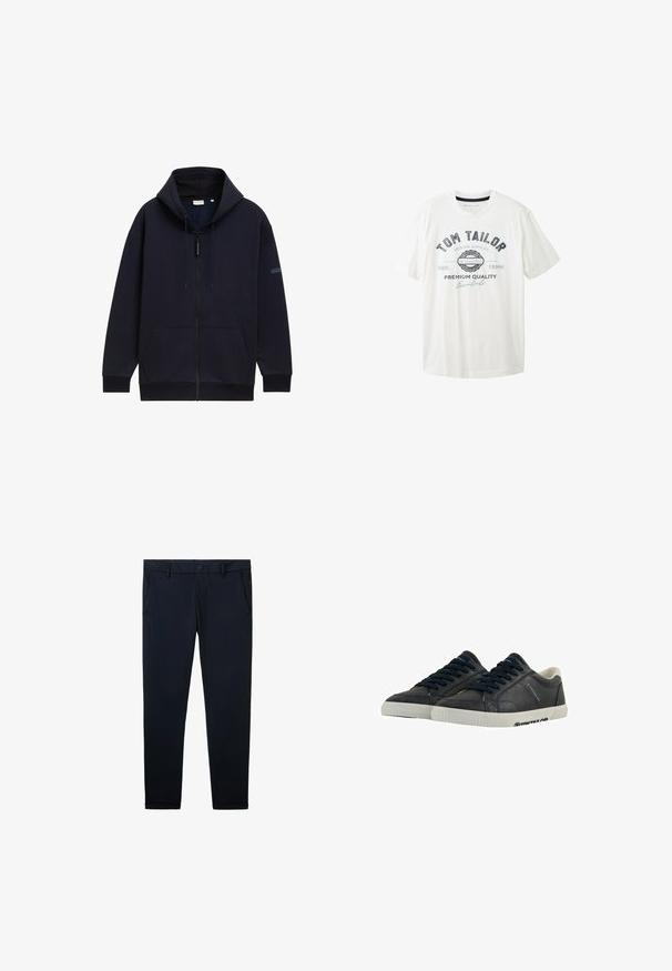Marineblå zip-hoodie med justerbar snørehætte, forlommer, ribbede manchetter og en glat, struktureret stofoverflade.; Hvid bomulds t-shirt med rund hals, korte ærmer og trykt grafisk motiv i sort og blå med mærkenavnet "Tom Tailor."; Mørkeblå bukser lavet af glat stof, med knaplukning, bæltestropper og to forlommer. Skræddersyet lige ben-design.; Marine læder sneakers med hvide gummisåler, rund tå og sorte snørebånd. Subtile teksturer og branding på siderne. Casual design.