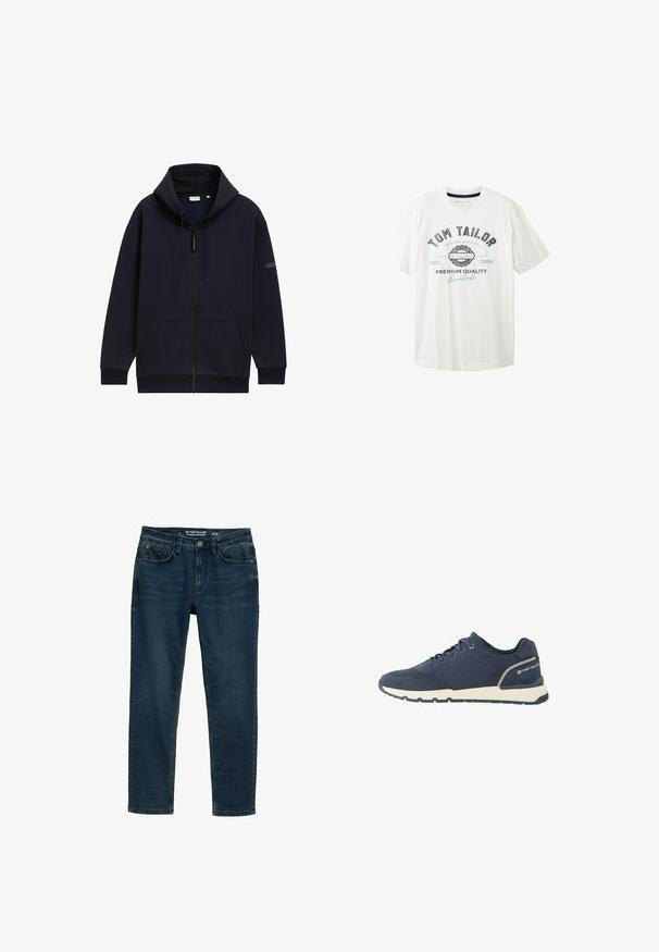 Marineblå zip-hoodie med justerbar snørehætte, forlommer, ribbede manchetter og en glat, struktureret stofoverflade.; Hvid bomulds t-shirt med rund hals, korte ærmer og trykt grafisk motiv i sort og blå med mærkenavnet "Tom Tailor."; Mørkeblå denim jeans med lige pasform. Har fem lommer, lynlås i gylpen og kontrasterende syninger langs sømmene.; Mørkeblå atletiksko med mesh-overdel, hvid sål, sort ydersål og "Tom Tailor"-logo på hælkappen.