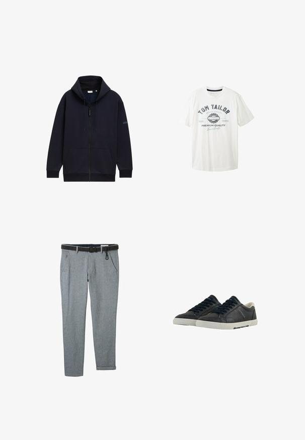 Marineblå zip-hoodie med justerbar snørehætte, forlommer, ribbede manchetter og en glat, struktureret stofoverflade.; Hvid bomulds t-shirt med rund hals, korte ærmer og trykt grafisk motiv i sort og blå med mærkenavnet "Tom Tailor."; Grå vævede bukser med et sort bælte, der har sidelommer og opsmøgede ankler. Stoffet har en subtil tekstur og klassisk pasform.; Marine læder sneakers med hvide gummisåler, rund tå og sorte snørebånd. Subtile teksturer og branding på siderne. Casual design.