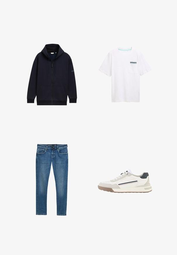 Marineblå zip-hoodie med justerbar snørehætte, forlommer, ribbede manchetter og en glat, struktureret stofoverflade.; Hvid bomulds t-shirt med korte ærmer, med en lomme med en blå og hvid label. Glat tekstur og afslappet pasform.; Blå denim jeans med lige ben, fem-lomme design, subtil vask på lårene, og en waistband label der angiver størrelse 31/32.; Hvid og beige sneaker med hvide snørebånd, brun sål, sort hæl lap og sidestribe detaljer i marineblåt og rødt.