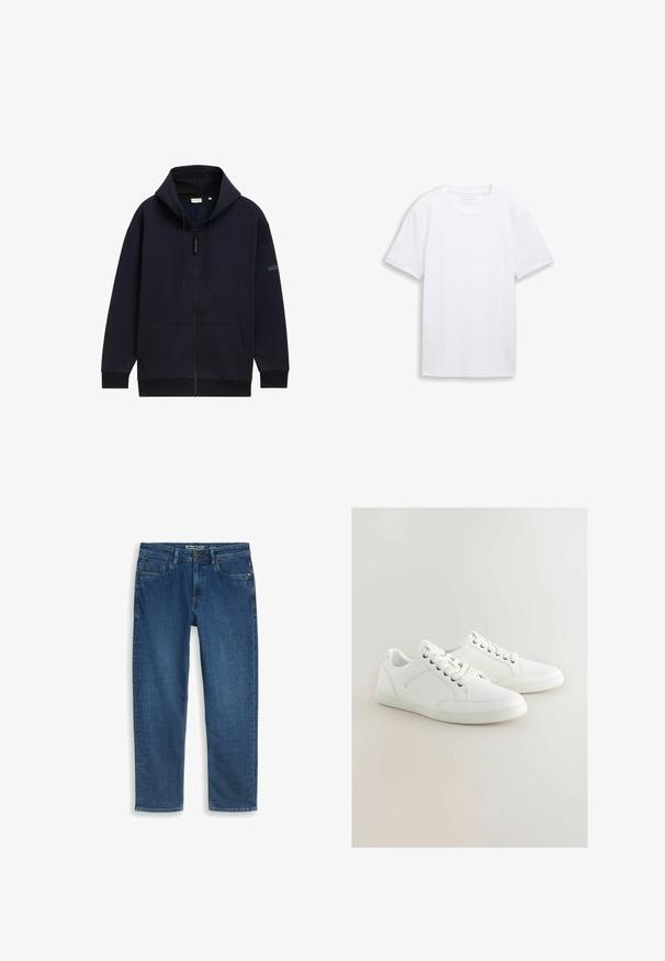 Marineblå zip-hoodie med justerbar snørehætte, forlommer, ribbede manchetter og en glat, struktureret stofoverflade.; Almindelig hvid T-shirt med korte ærmer og rund hals lagt fladt ud mod en hvid baggrund.; Blå straight-leg denimjeans med forlommer og knaplukning, lagt fladt på en hvid baggrund.; Hvide sneakers med glat læder, flade gummisåler, rund tå og snørebåndsdesign med indbyggede øjer og mesh-detaljer.