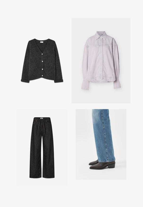 Donkergrijze gebreide cardigan met een V-hals, vijf knopen, geribde manchetten en zoom, zachte textuur en een ontspannen pasvorm.; Lichtpaarse blouse met lange mouwen en knopen, voorzien van een puntige kraag en zichtbare naadtoevoeringen aan de voorkant en mouwen.; Donkere denim wijde broek met hoge taille, gestrikte riem en contrasterende oranje stiksels. Voorzien van een klassiek ontwerp met vijf zakken.; Bruine leren enkellaarzen met een spitse neus en blokhak, gecombineerd met lichtblauwe recht gesneden jeans, die een schoon en eenvoudig ontwerp tonen.