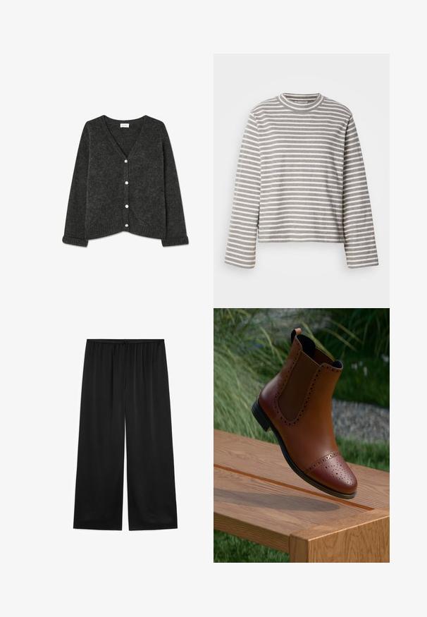 Donkergrijze gebreide cardigan met een V-hals, vijf knopen, geribde manchetten en zoom, zachte textuur en een ontspannen pasvorm.; Gestreept langemouwen top in lichtgrijs en wit, met een ronde hals en een ontspannen pasvorm. De stof lijkt zacht, met een licht getextureerd oppervlak.; Zwarte broek met wijde pijpen en een elastische tailleband, gemaakt van een gladde, soepele stof, plat weergegeven tegen een witte achtergrond.; Bruine leren Chelsea-boot met geperforeerde neus en elastische zijpanelen, met een lage hak en een gladde afwerking, zwevend boven een houten oppervlak.