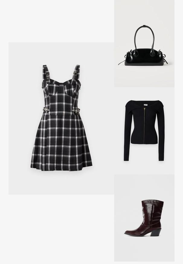 Noisy May NMJULIET CROP - Cardigan - black; The Ragged Priest MONARCH DRESS - Hverdagskjole - black; Bordeaux læder ankelstøvler med spids tå, tekstureret overflade og en lav, taperet hæl. Har diskrete søm og en tætsiddende pasform.; Lille sort blank håndtaske med to lange håndtag og snøre-detaljer i siden på en ensfarvet lys baggrund.