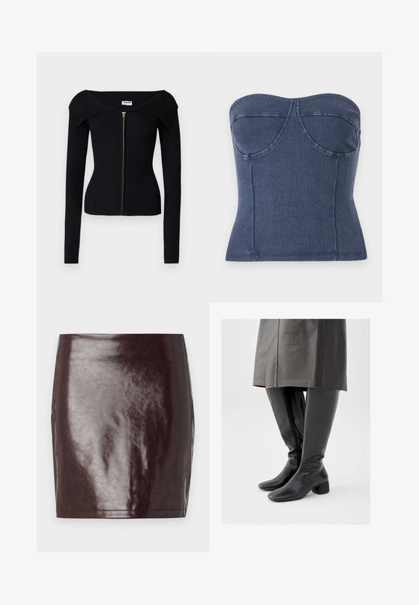 Noisy May NMJULIET CROP - Kardigan - black; Tumedas sinine ilma rihmadeta top, mis on valmistatud ribakangast. Sellel on struktureeritud kehaosa, õmblusdetailid ja ühendatud siluett.; Burgundi faux nahkmini seelik sujuva, läikiva tekstuuri ja keha lähedase siluettiga. Omab puhtaid jooni ja sirget äärt.; Põlveni ulatuvad mustad nahksaapad kandilise nina, kaldus plokktakjaga ja külje lukuga; sile tekstuur ja vormiv disain.