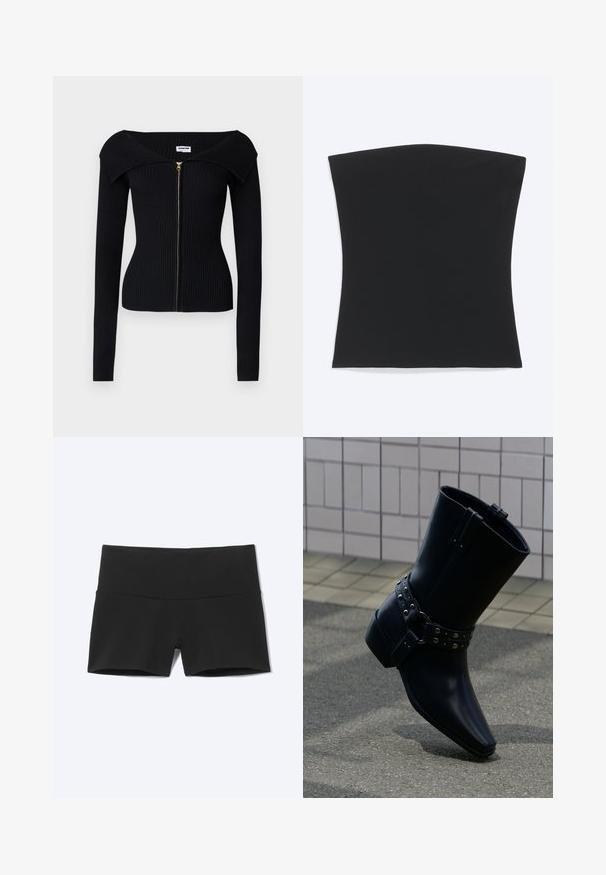 Noisy May NMJULIET CROP - Chaqueta de punto - black; Top tubo negro sin tirantes con bajo recto, mostrado plano sobre un fondo blanco.; Pantalones cortos deportivos negros, elásticos, con cintura alta, cinturilla ancha y pierna corta sobre un fondo claro y liso.; Bota de cuero negro para el tobillo con punta puntiaguda, correa con hebilla decorada con tachuelas plateadas y tacón grueso. Textura suave con diseño minimalista.