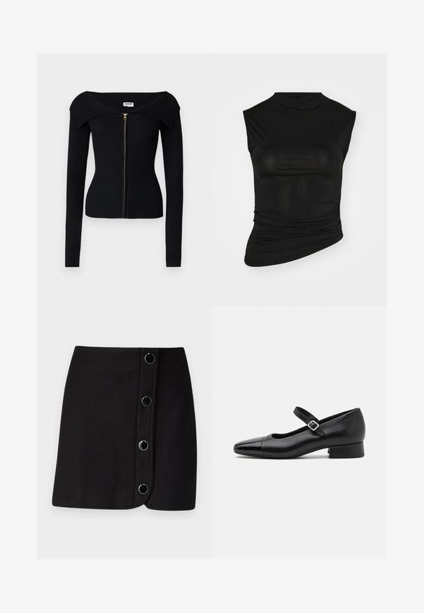 Noisy May NMJULIET CROP - Chaqueta de punto - black; Top negro sin mangas con cuello alto, hecho de una tela suave. Presenta detalles fruncidos en un lado y una silueta ajustada.; Minifalda negra con diseño de envoltura, que presenta cinco botones circulares plateados en la parte delantera y una textura lisa y mate.; Zapatos Mary Jane de cuero negro con puntera de charol, correa de tobillo ajustable y tacón bajo. Textura suave y diseño elegante.