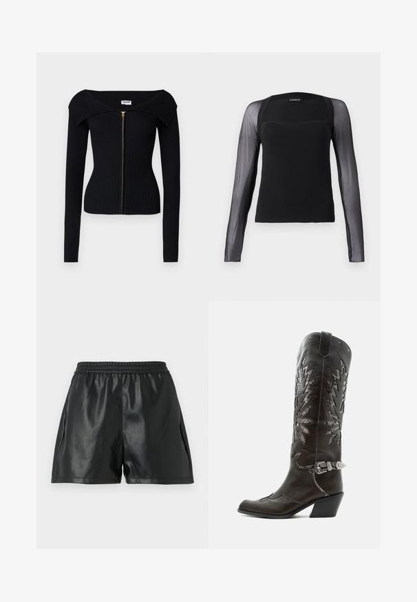 Noisy May NMJULIET CROP - Chaqueta de punto - black; Top negro de manga larga con un cuerpo sólido y mangas de malla negra transparente. Presenta un escote cuadrado y una textura suave.; Shorts de piel sintética negra con cinturilla elástica, que presentan una textura suave y un diseño holgado. Sin patrones ni detalles visibles.; Bota cowboy de cuero negro con recortes decorativos, hebilla plateada y tacón inclinado, presentada sobre fondo blanco.