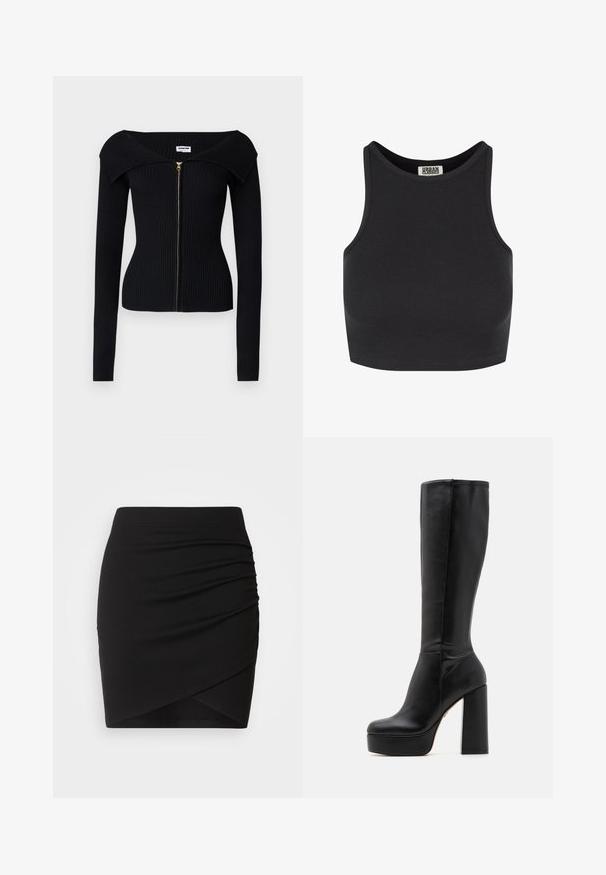 Noisy May NMJULIET CROP - Kardigán - black; Čierny rebrovaný crop top bez rukávov. Má zaoblený výstrih a hladkú textúru. Na vnútornej strane výstrihu je viditeľná etiketa.; Čierna mini sukňa z elastickej látky, s plisovaným dizajnom a prekrývajúcou siluetou, s hladkým povrchom a priliehavým pásom.; Čierne kožené čižmy po kolená s hladkým povrchom a textúrovaným zakončením, s vysokým blokovým podpätkom a okrúlym špičkovým dizajnom.