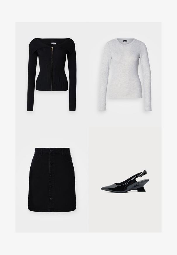 Noisy May NMJULIET CROP - Gilet - black; T-shirt gris à manches longues en tissu léger avec un col rond et une texture douce ; possède des poignets légèrement évasés.; Jupe en denim noir avec fermeture à boutons sur le devant, deux poches, une coupe droite et un ourlet net. Fabriquée dans un tissu solide avec une texture lisse.; Chaussure slingback en cuir verni noir avec bout pointu et petit talon bloc incliné sur fond clair uni.