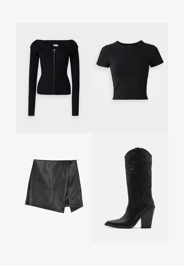 Noisy May NMJULIET CROP - Cardigan - black; Sort cropped t-shirt lavet af solid bomuld, med korte ærmer og rund halsudskæring, med et glat og enkelt design.; Even&Odd by Zalando Mini skirts - black; Simmi London DANIQUE - Højhælede støvler - black