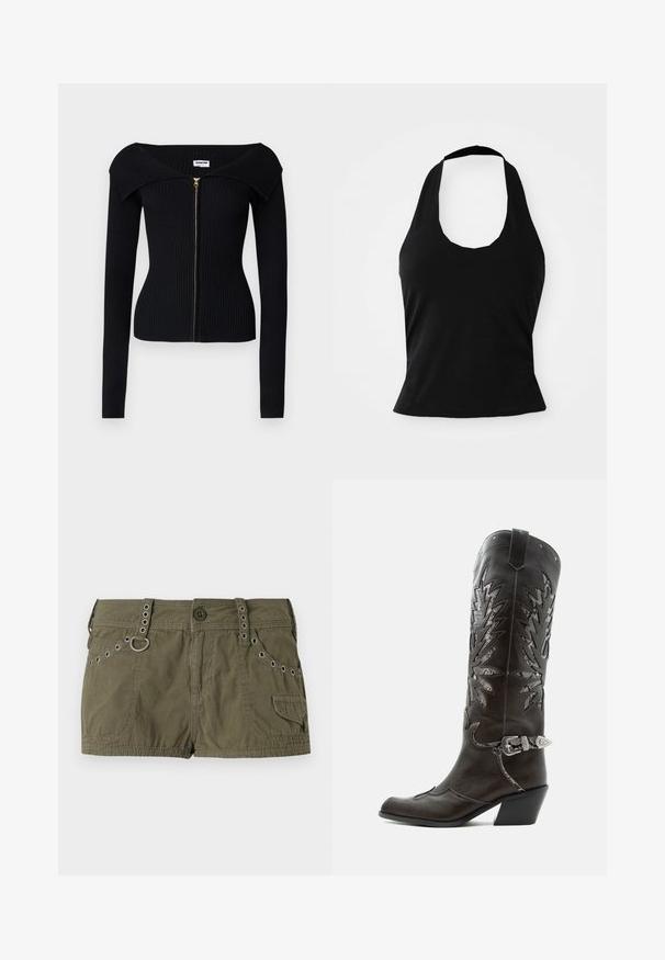 Noisy May NMJULIET CROP - Vest - black; Zwarte haltertop gemaakt van zacht materiaal, met een ronde hals en een getailleerde pasvorm, voorzien van een gladde textuur en zonder zichtbare patronen.; Olijfgroene shorts van een lichtgewicht stof, met een tailleband met metalen accenten en zijzakken. Gestructureerd oppervlak met stikseldetails.; Zwarte leren cowboylaars met decoratieve uitsnijdingen, zilveren gesp en schuine hak, weergegeven op een witte achtergrond.